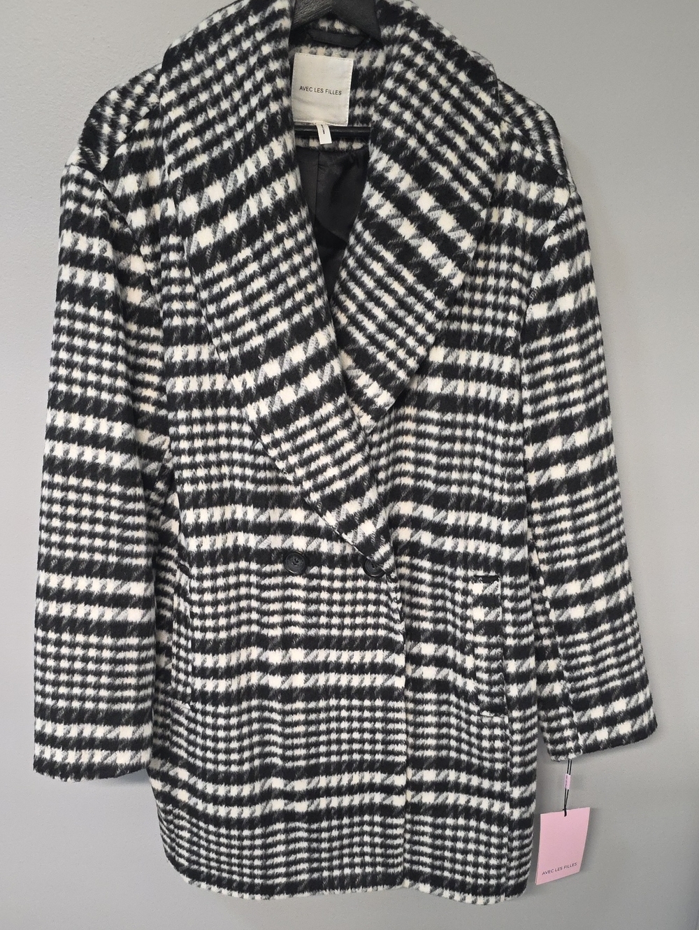 Avec Les Filles Black and White Plaid Double-Breasted Houndstooth Pea Coat